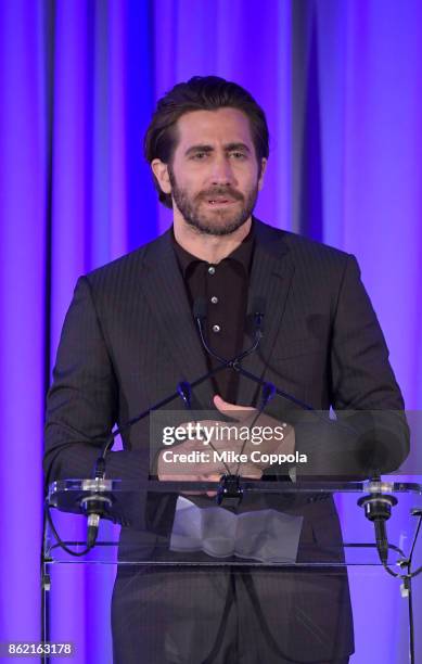 Actor Jake Gyllenhaal speaks at the Headstrong Gala 2017 at Pier 60, Chelsea Piers on October 16, 2017 in New York City.