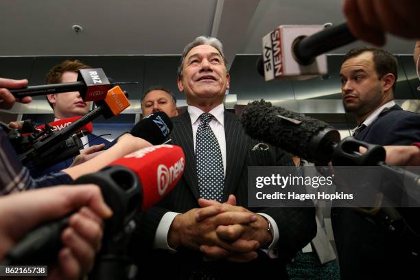 Leader Winston Peters talks to media during a NZ First caucus and board meeting at Parliament on October 17, 2017 in Wellington, New Zealand. Neither...