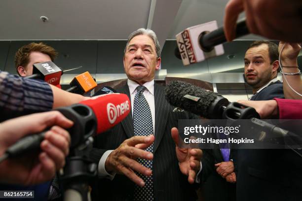 Leader Winston Peters talks to media during a NZ First caucus and board meeting at Parliament on October 17, 2017 in Wellington, New Zealand. Neither...