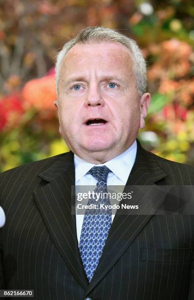 Deputy Secretary of State John Sullivan speaks to reporters in Tokyo on Oct. 17 after meeting with Japanese Vice Foreign Minister Shinsuke Sugiyama....