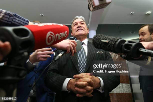 Leader Winston Peters talks to media during a NZ First caucus and board meeting at Parliament on October 17, 2017 in Wellington, New Zealand. Neither...