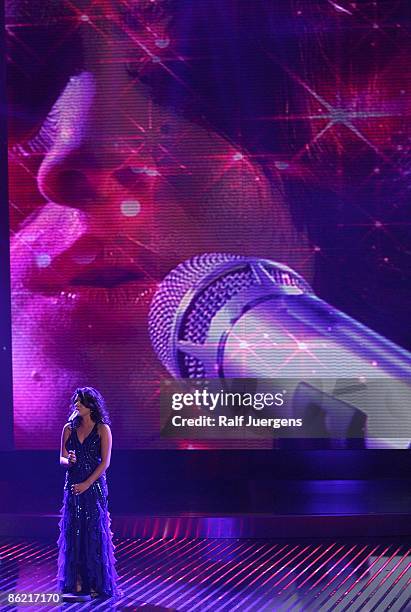 Sarah Kreuz performs her song during the rehearsal for the singer qualifying contest DSDS 'Deutschland sucht den Superstar' 7th motto show on April...