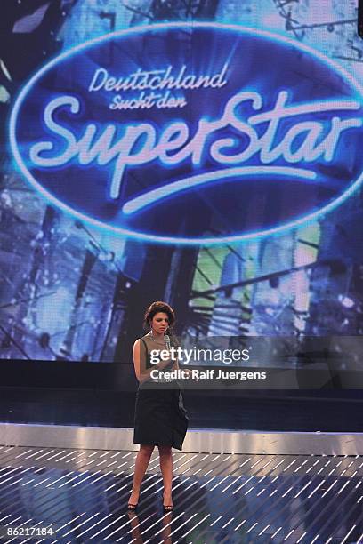 Sarah Kreuz performs her song during the rehearsal for the singer qualifying contest DSDS 'Deutschland sucht den Superstar' 7th motto show on April...