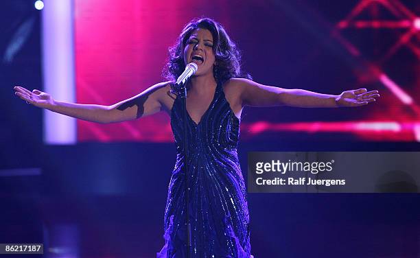 Sarah Kreuz performs her song during the rehearsal for the singer qualifying contest DSDS 'Deutschland sucht den Superstar' 7th motto show on April...