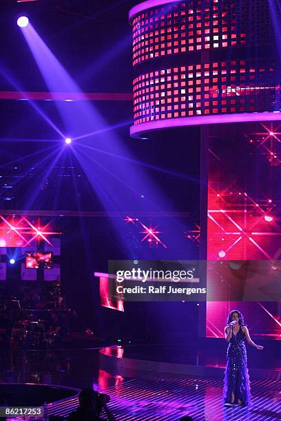 Sarah Kreuz performs her song during the rehearsal for the singer qualifying contest DSDS 'Deutschland sucht den Superstar' 7th motto show on April...