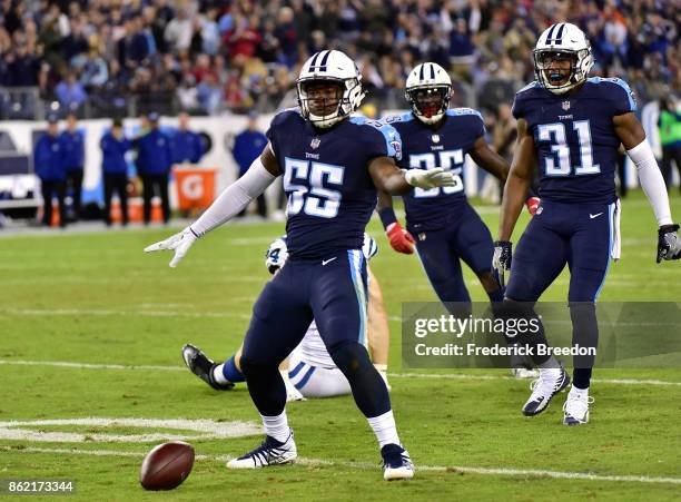 Jayon Brown of the Tennessee Titans does a celebration dance after making a play against Jack Doyle of the Indianapolis Colts during the second half...