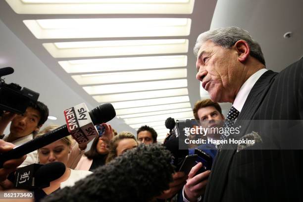 Leader Winston Peters speaks to media during a NZ First caucus and board meeting at Parliament on October 17, 2017 in Wellington, New Zealand....