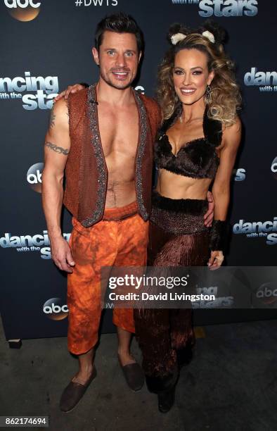 Singer Nick Lachey and dancer Peta Murgatroyd pose at "Dancing with the Stars" season 25 at CBS Televison City on October 16, 2017 in Los Angeles,...