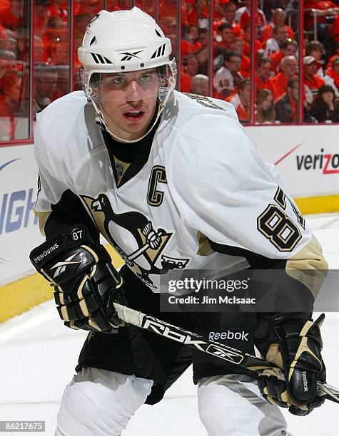 Sidney Crosby of the Pittsburgh Penguins skates against the Philadelphia Flyers during Game Six of the Eastern Conference Quarterfinal Round of the...