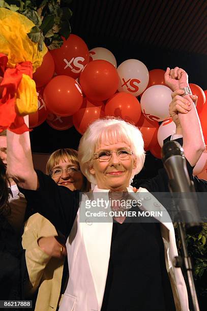 Leader of Social-Democrate Party and Prime Minister Johanna Sigurdardottir celebrates the victory with her teammates at the elections on April 25,...