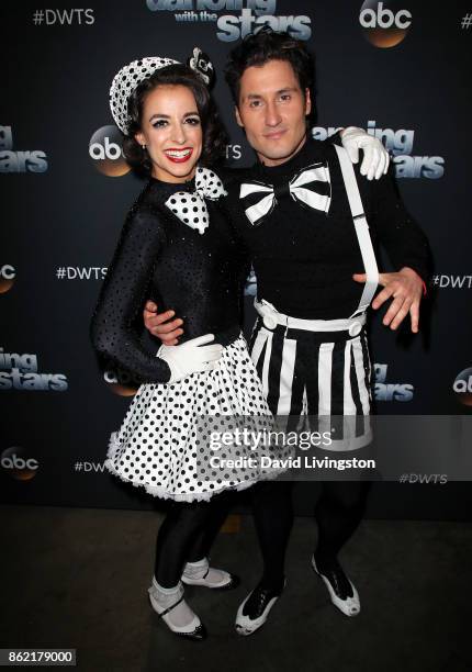 Personality Victoria Arlen and dancer Valentin Chmerkovskiy pose at "Dancing with the Stars" season 25 at CBS Televison City on October 16, 2017 in...