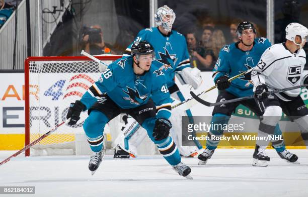 Tomas Hertl of the San Jose Sharks looks during a NHL game against the Los Angeles Kings at SAP Center on October 7, 2017 in San Jose, California.
