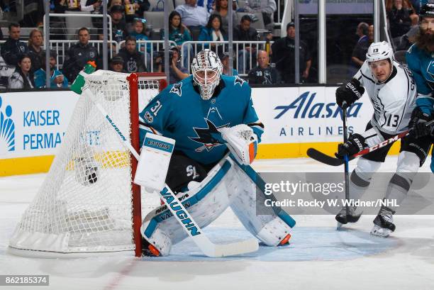 Martin Jones of the San Jose Sharks looks during a NHL game against the Los Angeles Kings at SAP Center on October 7, 2017 in San Jose, California.