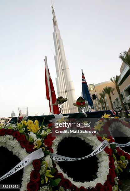 Wreaths are laid at a memorial at the dawn ceremony for ANZAC Day near the Burj Dubai on April 25 2009 Dubai, United Arab Emirates. ANZAC Day...