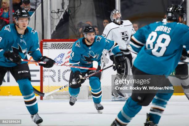 Dylan DeMelo of the San Jose Sharks skates during a NHL game against the Los Angeles Kings at SAP Center on October 7, 2017 in San Jose, California.