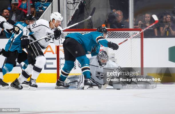 Tomas Hertl of the San Jose Sharks crashes the net as Jonathan Quick of the Los Angeles Kings makes a save at SAP Center on October 7, 2017 in San...