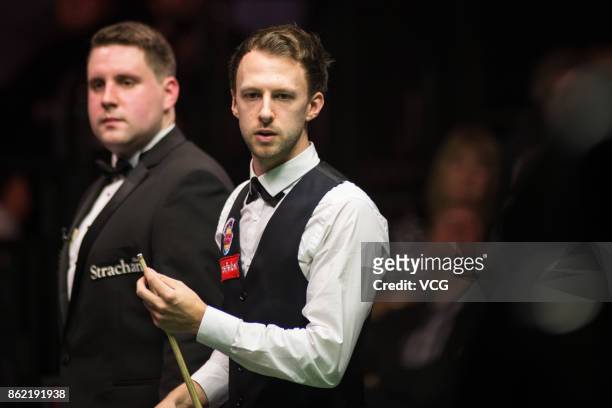 Judd Trump of England reacts during his first round match against Robbie Williams of England on day one of 2017 Dafabet English Open at Barnsley...