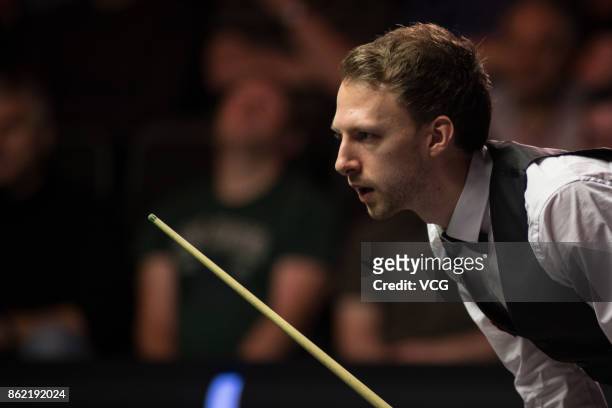 Judd Trump of England reacts during his first round match against Robbie Williams of England on day one of 2017 Dafabet English Open at Barnsley...