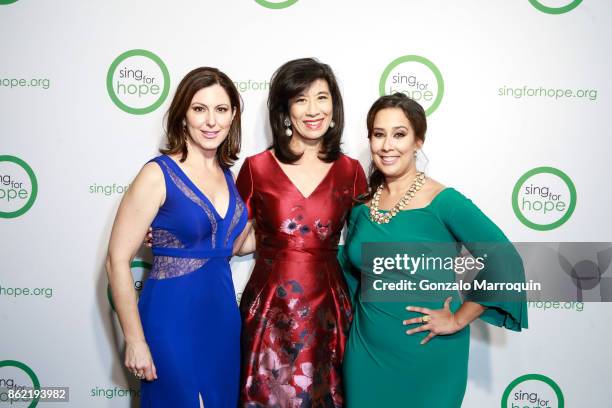 Camille Zamora, Andrea Jung and Monica Yunus during the Sing for Hope Gala 2017 at Tribeca Rooftop on October 16, 2017 in New York City.