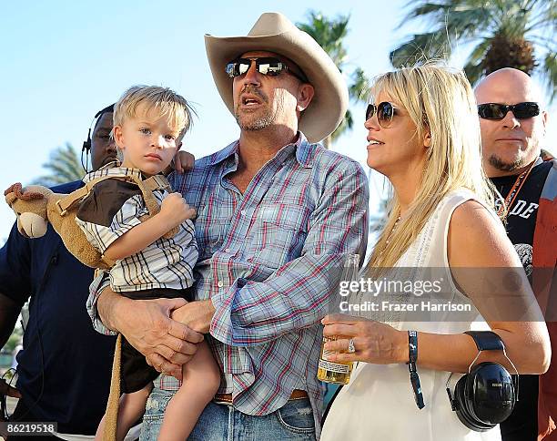 Musician Kevin Costner , Christine Baumgartner and son Cayden Wyatt Costner attend day one of California's Stagecoach Country Music Festival held at...