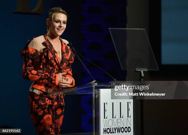 Kristen Stewart speaks onstage at ELLE's 24th Annual Women in Hollywood Celebration presented by L'Oreal Paris, Real Is Rare, Real Is A Diamond and...