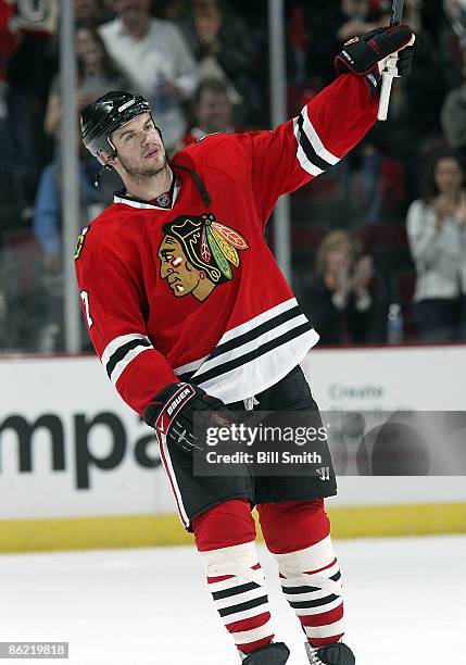 Brent Seabrook of the Chicago Blackhawks is named player of the game against the Calgary Flames during game 5 of the Western Conference Quarterfinals...