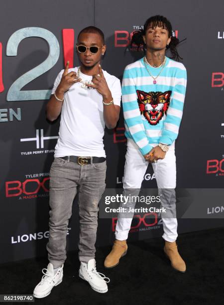 Slim Jxmmi and Swae Lee of Rae Sremmurd attend the premiere of Lionsgate's "Tyler Perry's Boo 2! A Madea Halloween" at Regal LA Live Stadium 14 on...