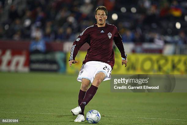 Scott Palguta of the Colorado Rapids controls the ball during the game against the Los Angeles Galaxy on April 25, 2009 at Dicks Sporting Goods Park...