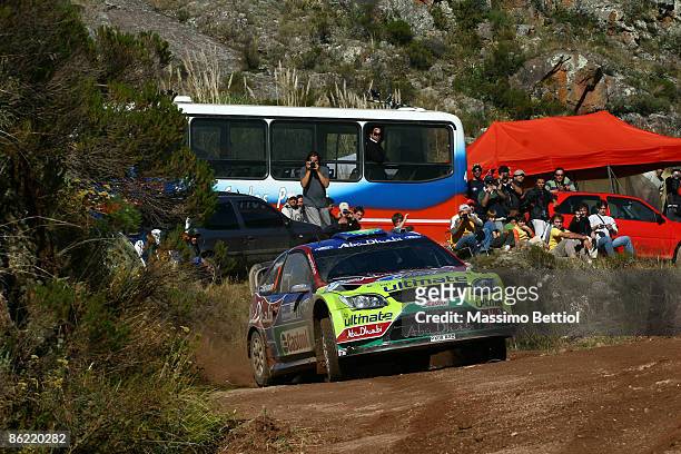 Mikko Hirvonen of Finland and Jarmo Lehtinen of Finland race in the Abu Dhabi Ford Focus during Leg 2 of the WRC Argentina Rally on April 25, 2009 in...
