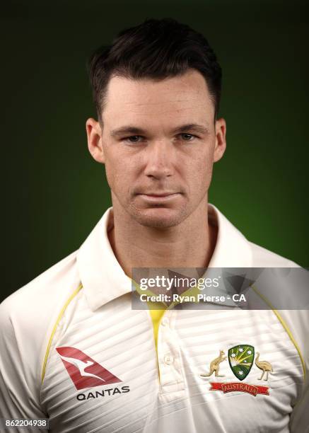 Peter Handscomb of Australia poses during the Australia Test cricket team portrait session at Intercontinental Double Bay on October 15, 2017 in...