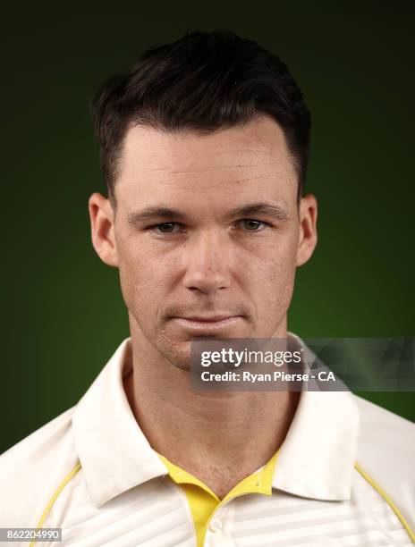 Peter Handscomb of Australia poses during the Australia Test cricket team portrait session at Intercontinental Double Bay on October 15, 2017 in...