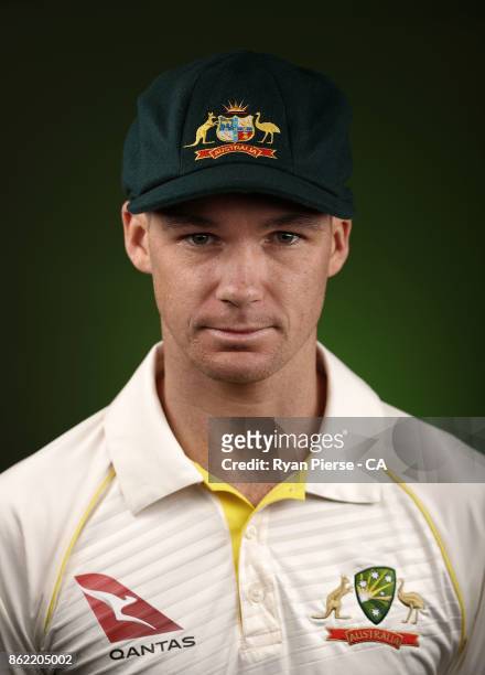 Peter Handscomb of Australia poses during the Australia Test cricket team portrait session at Intercontinental Double Bay on October 15, 2017 in...
