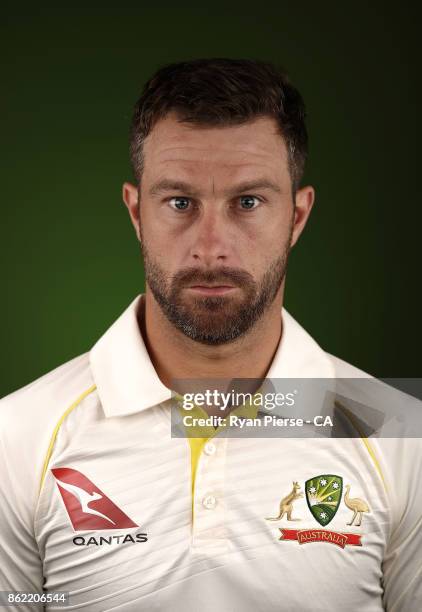 Matthew Wade of Australia poses during the Australia Test cricket team portrait session at Intercontinental Double Bay on October 15, 2017 in Sydney,...