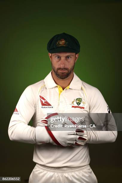 Matthew Wade of Australia poses during the Australia Test cricket team portrait session at Intercontinental Double Bay on October 15, 2017 in Sydney,...