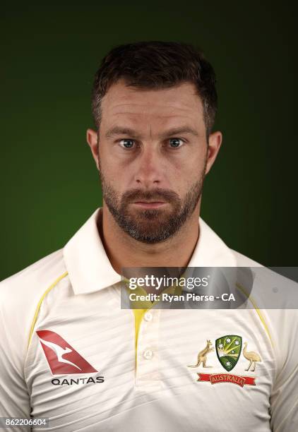 Matthew Wade of Australia poses during the Australia Test cricket team portrait session at Intercontinental Double Bay on October 15, 2017 in Sydney,...