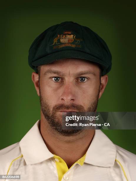 Matthew Wade of Australia poses during the Australia Test cricket team portrait session at Intercontinental Double Bay on October 15, 2017 in Sydney,...