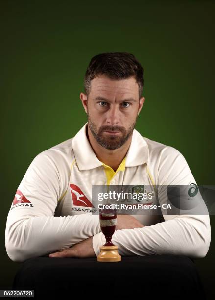 Matthew Wade of Australia poses during the Australia Test cricket team portrait session at Intercontinental Double Bay on October 15, 2017 in Sydney,...