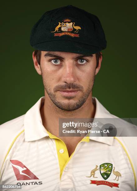 Pat Cummins of Australia poses during the Australia Test cricket team portrait session at Intercontinental Double Bay on October 15, 2017 in Sydney,...