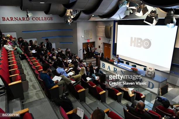 View at the panel discussion for HBO Documentary Films' special screening of "Clinica de migrantes" at Barnard College on October 16, 2017 in New...