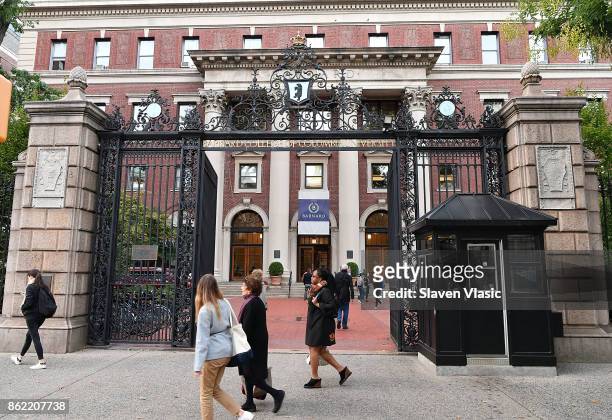View of the entrance at Barnard College during the panel discussion for HBO Documentary Films' special screening of "Clinica de migrantes" at Barnard...
