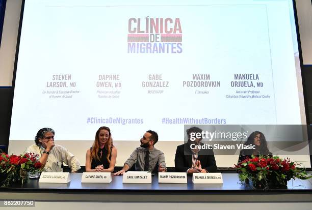 Dr. Steven Larson, Executive Director, Puentes De Salud; Dr. Daphne Owens, physician volunteer, Puentes De Salud; moderator Gabe Gonzalez; filmmaker...