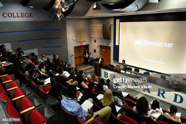 View at the panel discussion for HBO Documentary Films' special screening of "Clinica de migrantes" at Barnard College on October 16, 2017 in New...