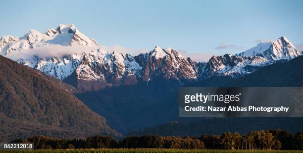 panoramic view of mount cook /aoraki and mount tasman background , south island of new zealand - otago farmland stock pictures, royalty-free photos & images