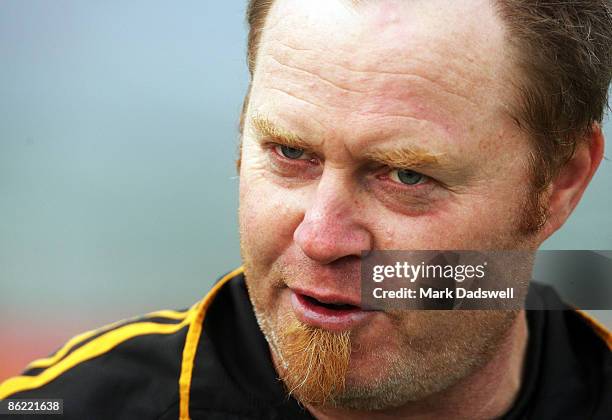 Tigers coach Simon Atkins addresses his team during the round three VFL match between Williamstown and the Werribee Tigers at Burbank Oval on April...