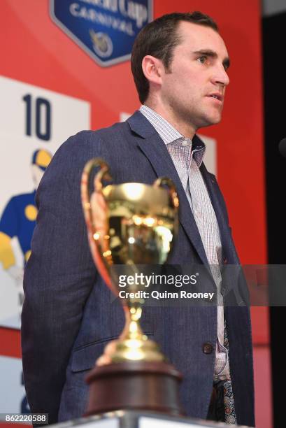 Trainer Archie Alexander speaks during the Caulfield Cup Barrier Draw at Caulfield Racecourse on October 17, 2017 in Melbourne, Australia.