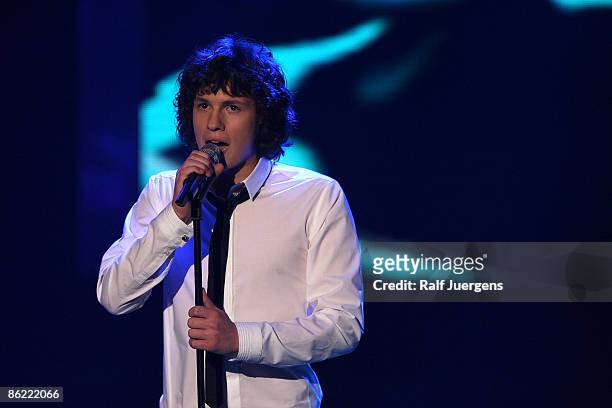 Dominik Buechele performs his song during the rehearsal for the singer qualifying contest DSDS 'Deutschland sucht den Superstar' 7th motto show on...