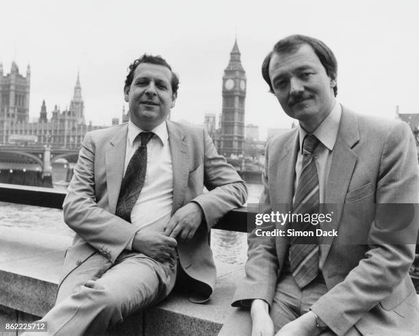 Labour leaders Andrew McIntosh and Ken Livingstone, outside County Hall in London, after winning back the Greater London Council with 50 seats, 8th...