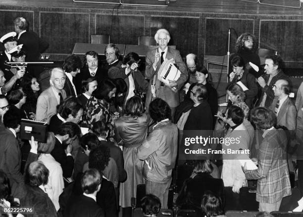 Professor John Tyme addresses some of the protestors in Hornsey Town Hall, London, after they disrupted a public inquiry into the widening of Archway...