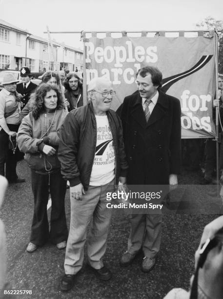 Ken Livingstone , leader of the Greater London Council, greets the leaders of the People's March for Jobs on their arrival in London from Liverpool,...