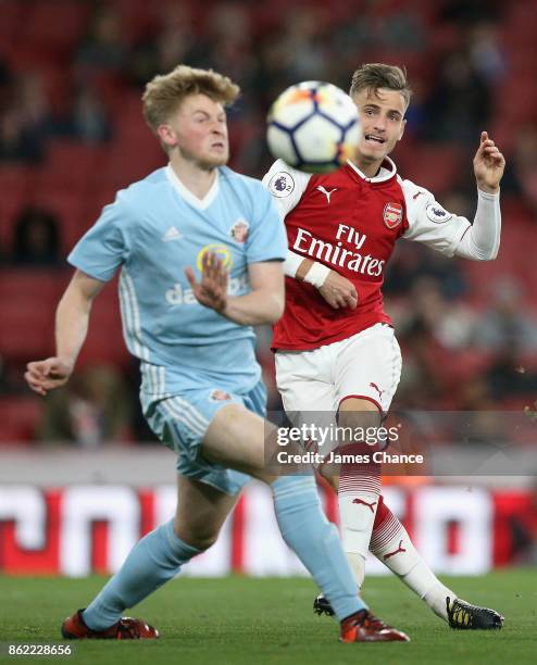 Vlad Dragomir of Arsenal scores his sides first goal during the Premier League 2 match between Arsenal and Sunderland at Emirates Stadium on October...